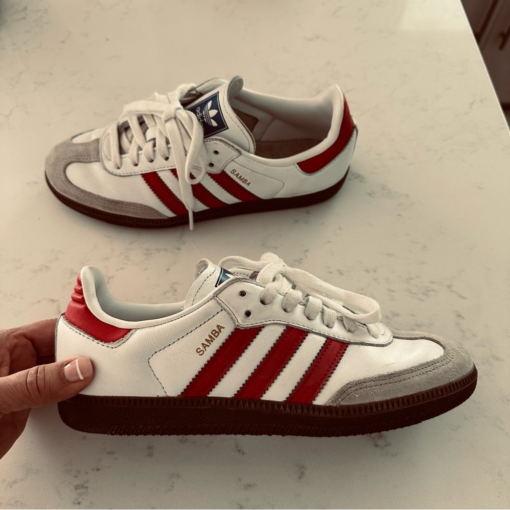 adidas Kids Samba Sneakers in White and Red with Gray Accents